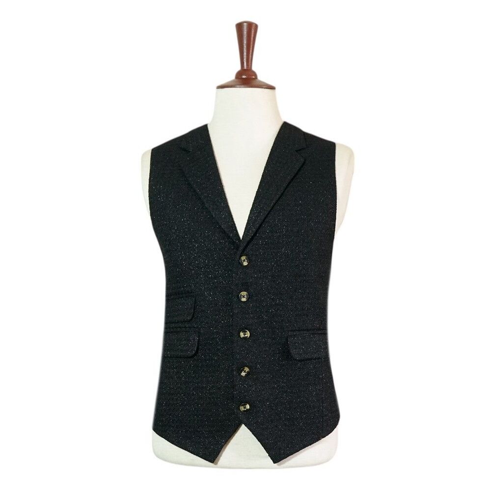 Mens 46R Black Textured Jacquard Vest Classic Waistcoat Formal Wedding Party